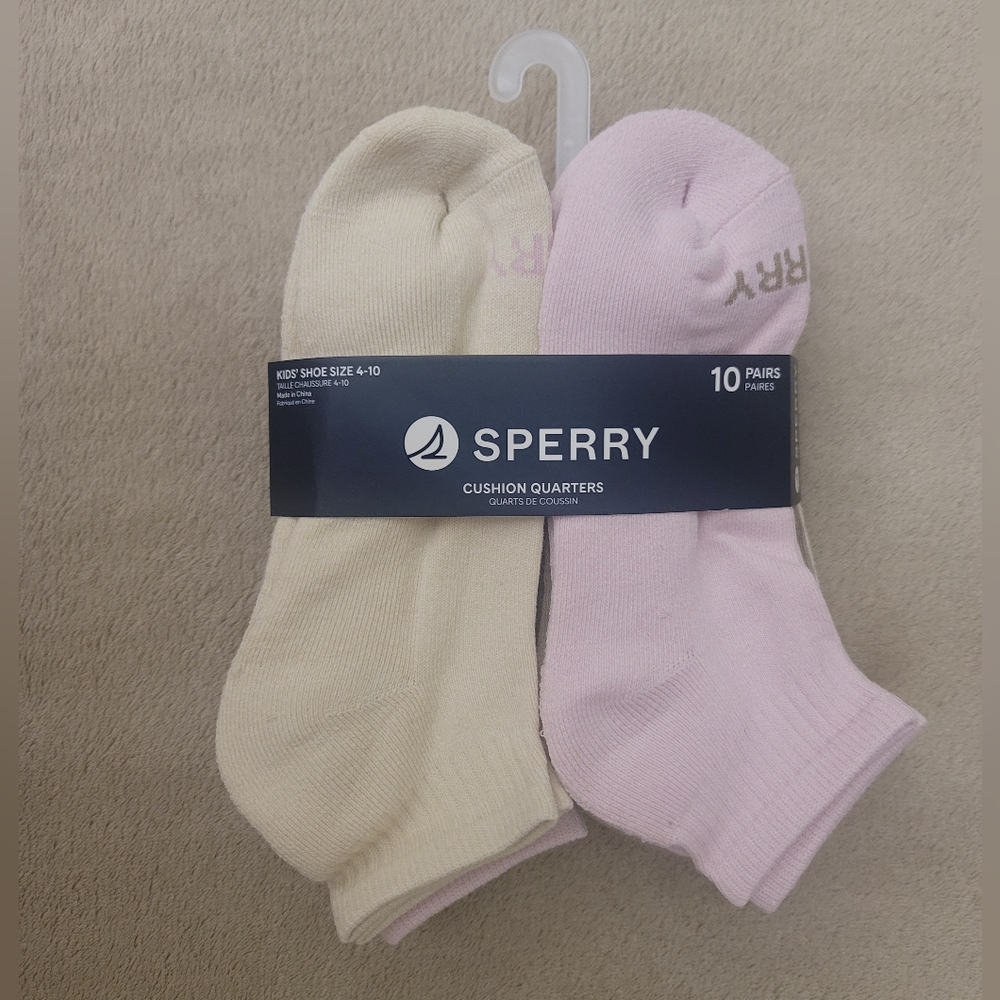 Sperry Kid Cream/Pink Cushion Quarters 10Pk Socks (Big Kid Shoe Size 4-10) NWT
